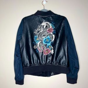 MIXED FABRIC EMBROIDERED DRAGON BOMBER JACKET